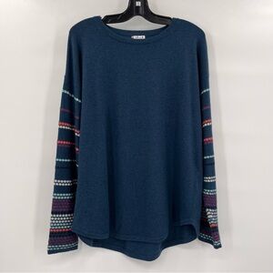 Smartwool Shadow Crew Neck Merino Wool Peacock Blue Striped Sleeve Top